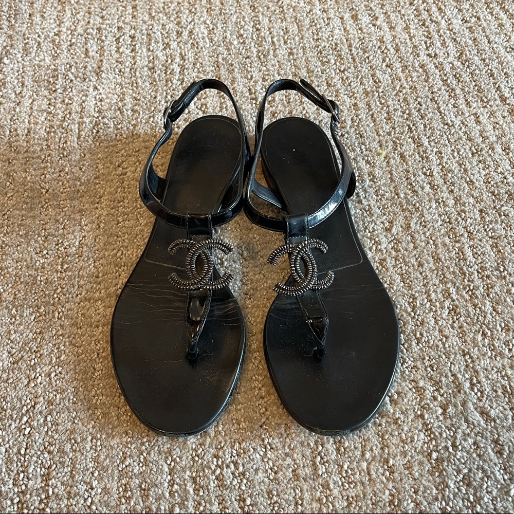 Chanel CC Logo Patent Sandals